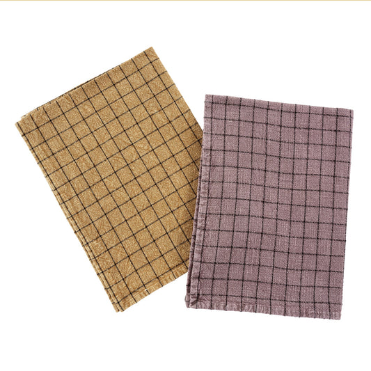 Cotton Check Tea Towels, Purple + Sand